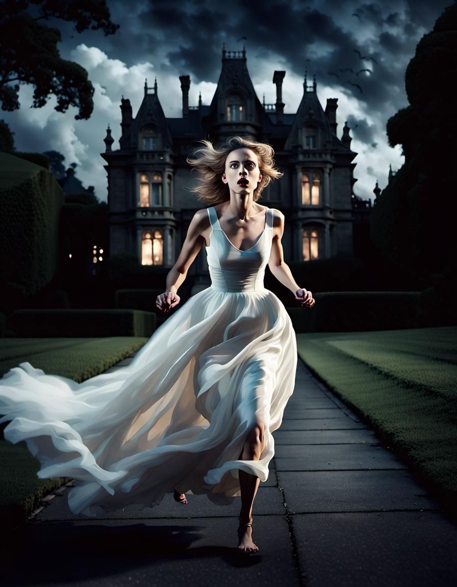 Frightened Woman Escaping Gothic Mansion in Gothic Art Style