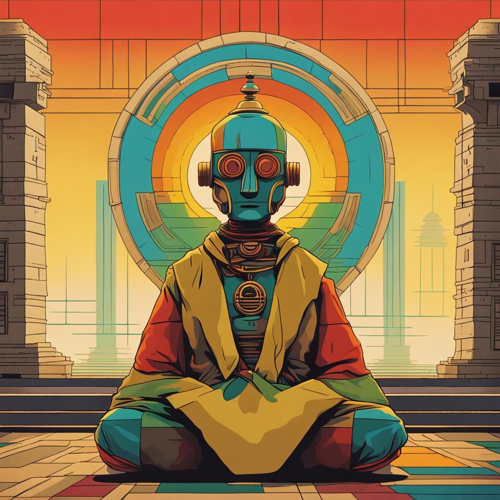Robot Monk Meditating at Sunrise, Pop Art Style
