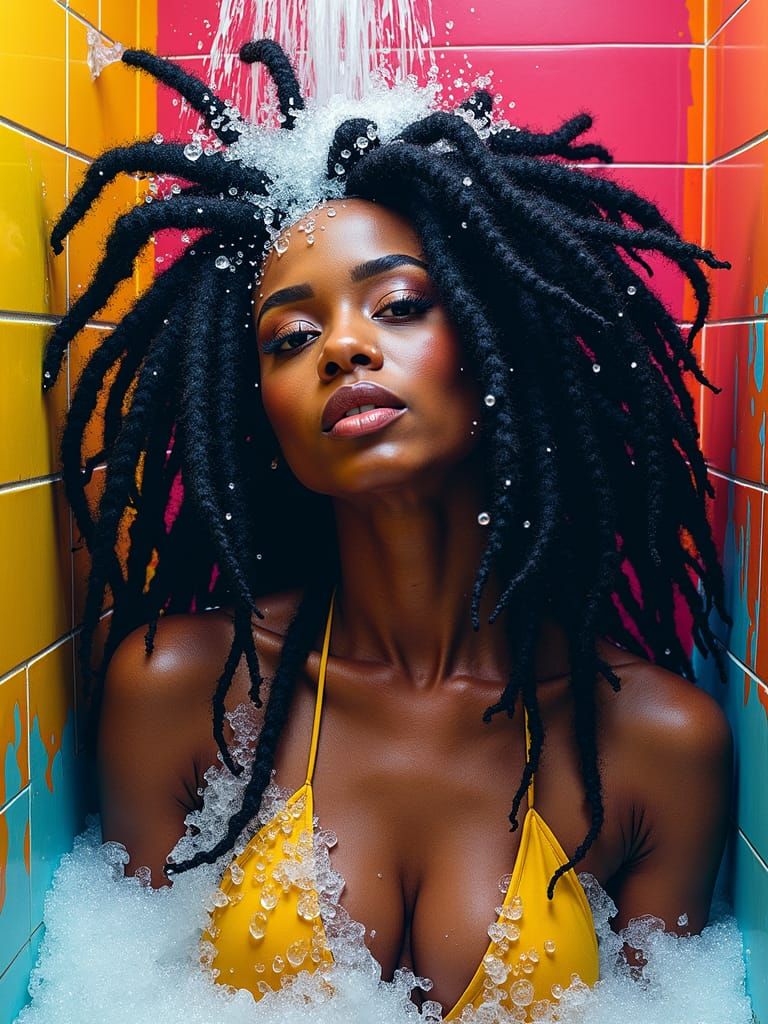 Black Woman Washing Hair: Pop Art Dreamscape