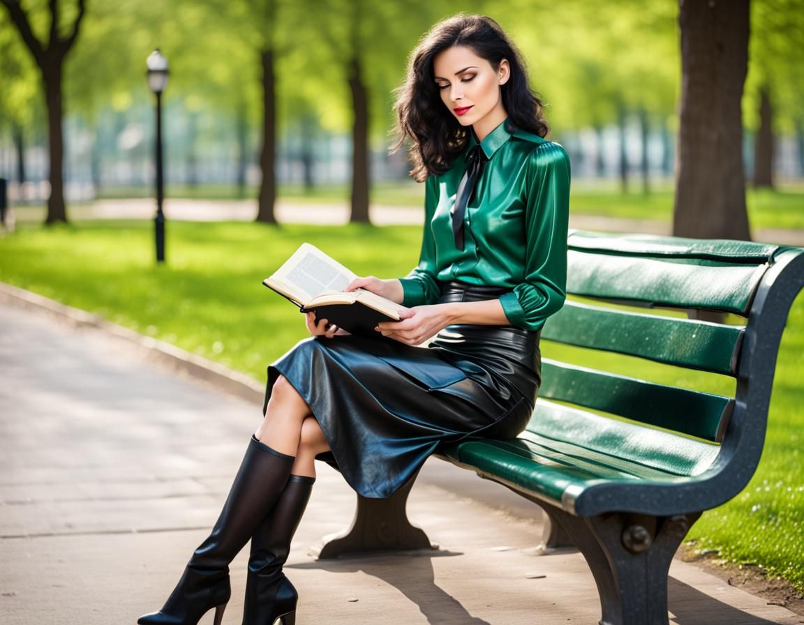 Raven-Haired Woman in Emerald Green on Park Bench