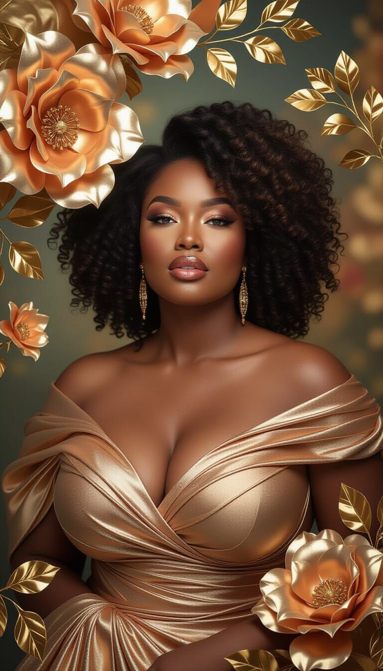 Radiant Woman in Dreamscape with Symbolic Blooms