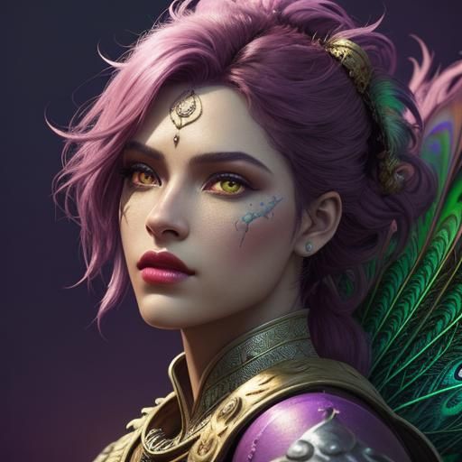 Peacock Haired Woman in Digital Painting Style