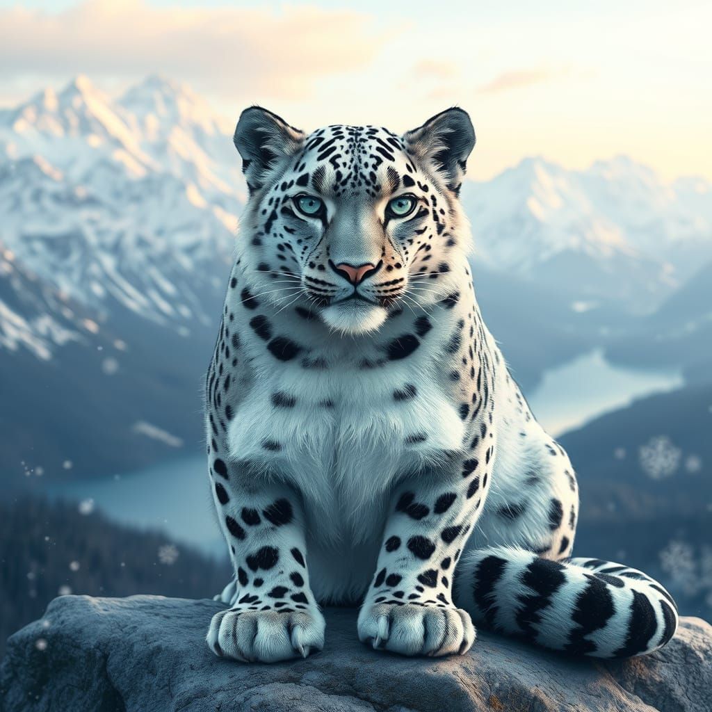 Ethereal Snow Leopard Reflects Majestic Mountain Landscape