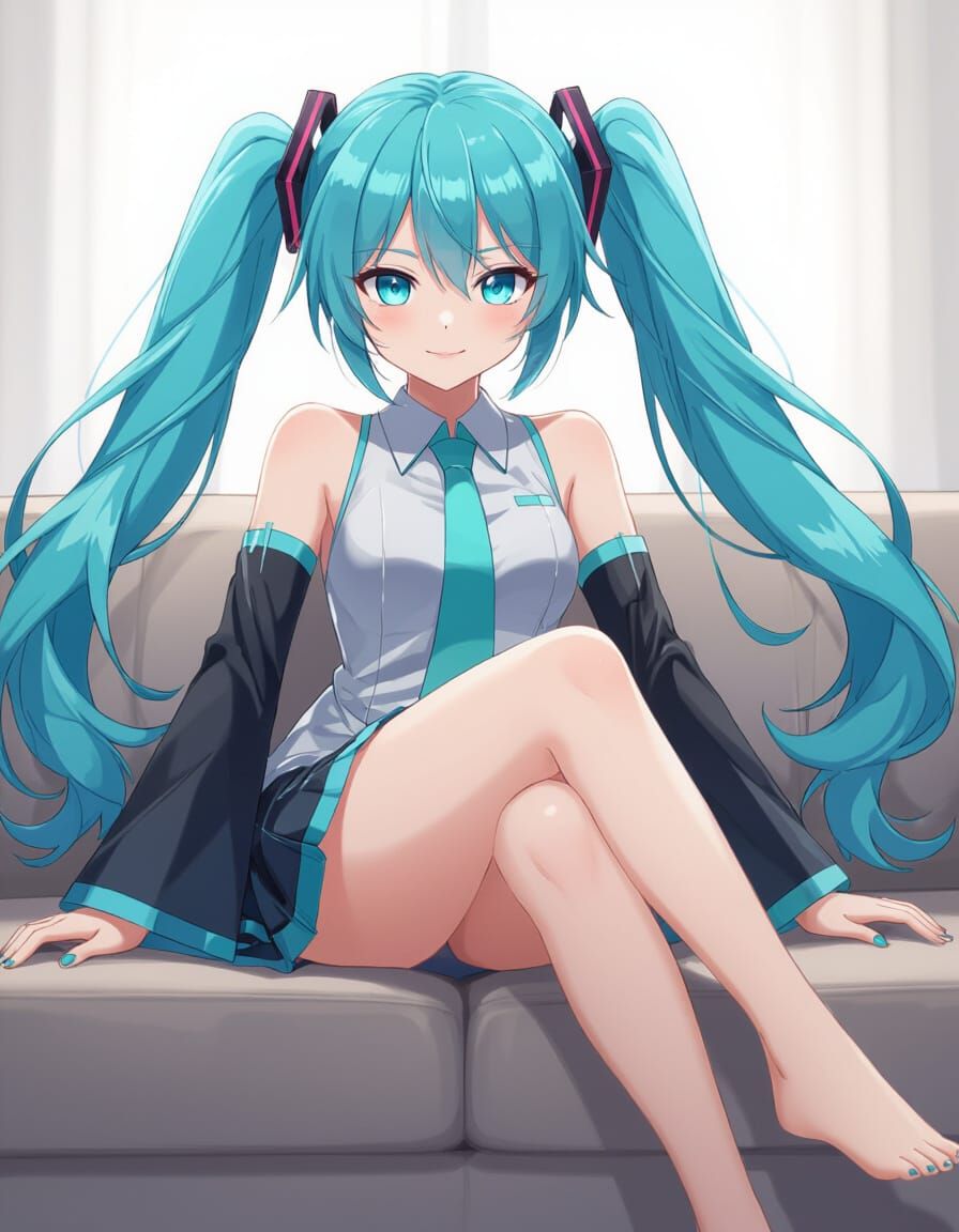 Hatsune Miku on a Couch in Anime Style