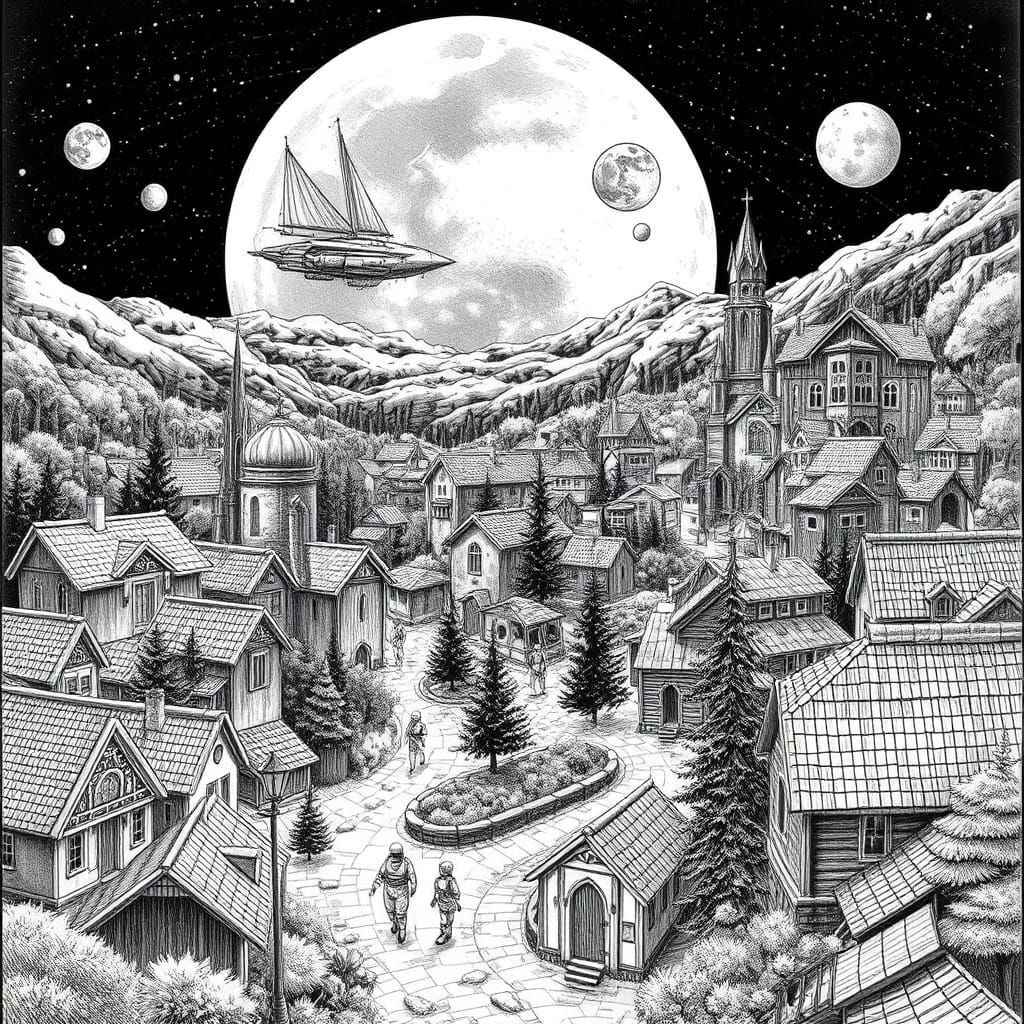 Lunar Village in Detailed Black and White Illustration