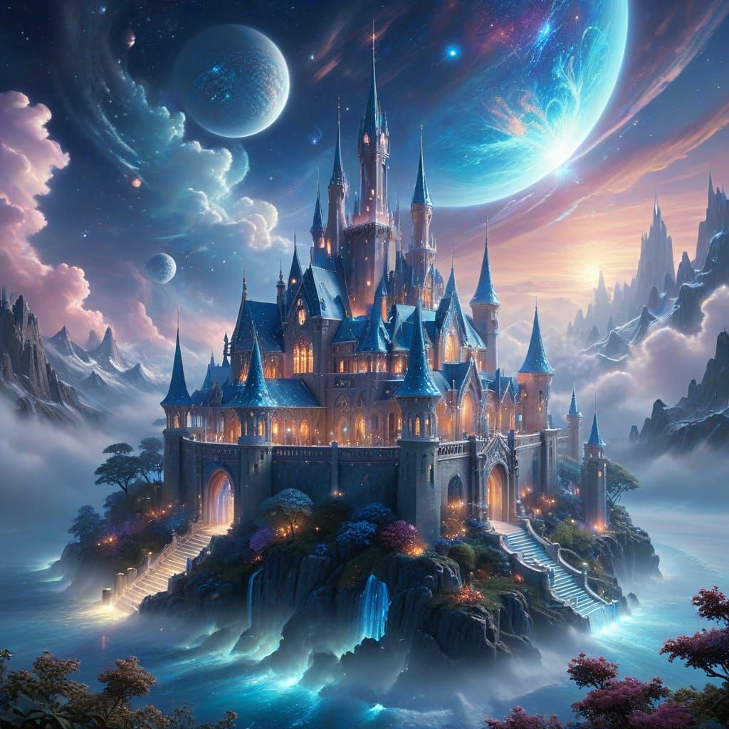 Celestial Palace Orbits Planet in Ethereal Style