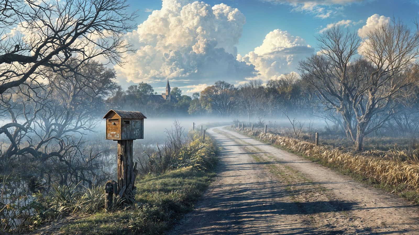Dirty Mailbox in a Misty Dawn Landscape