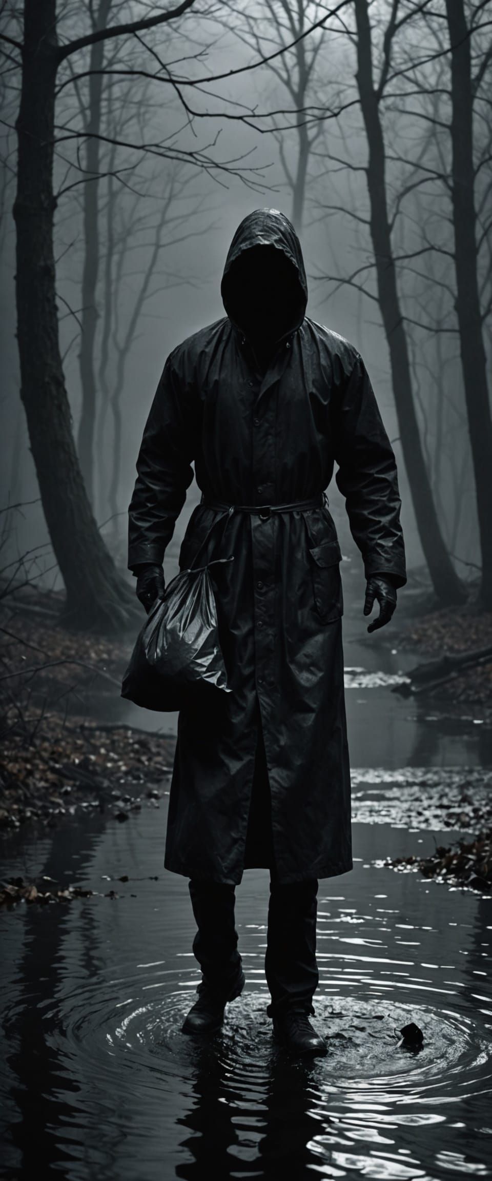 Ominous Figure Throws Sack in Dark Forest