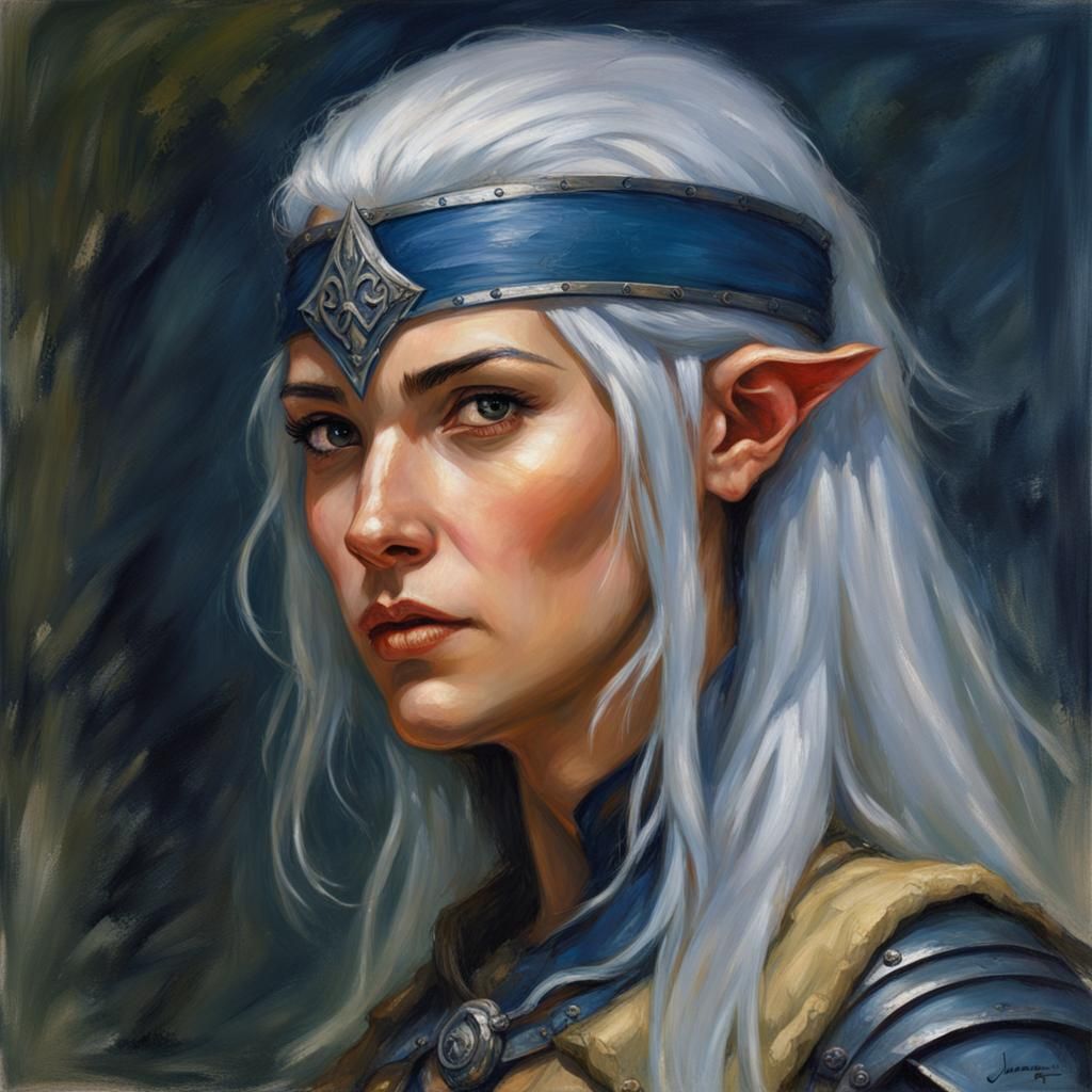 Elven Ranger with Dark Blue Hair as Oil Painting