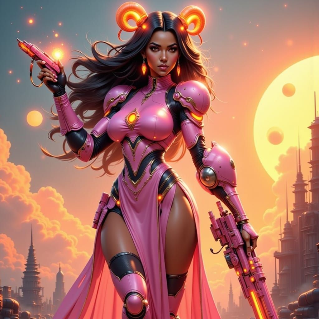 Cyborg Woman with Energy Weapon in Retro-Futuristic Cityscap...