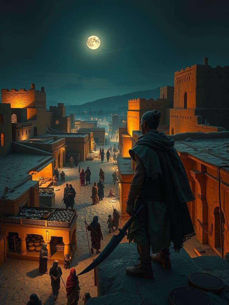 Ancient Desert City Night Market, Cinematic Style