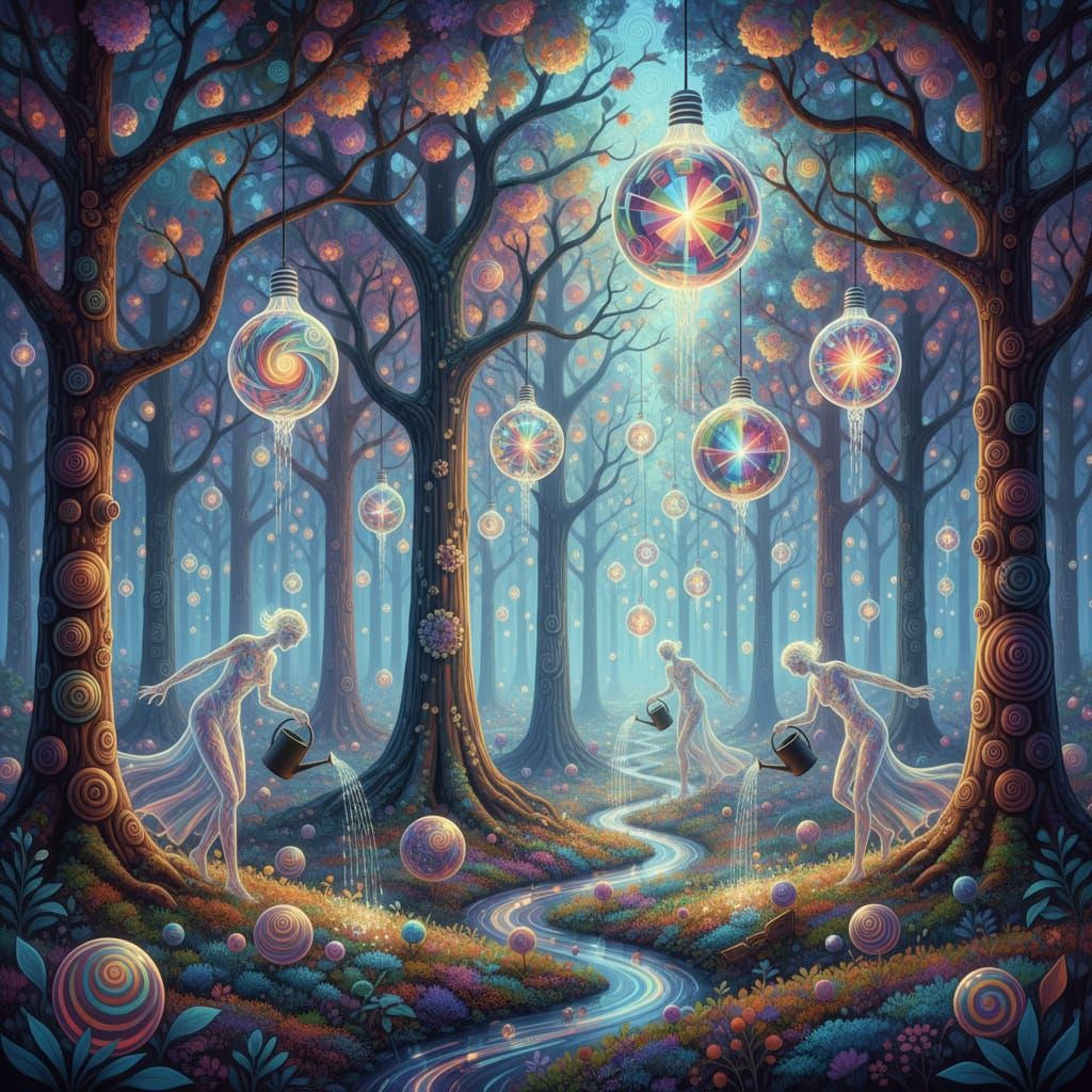 Ethereal Gardeners Cultivating Living Light Idea Forests