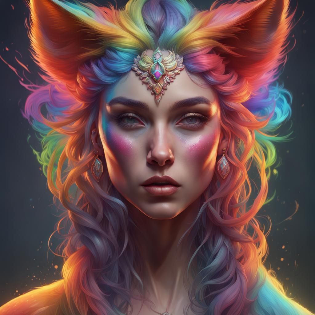 Rainbow Smoke Fox Portrait in Hyperdetailed Style