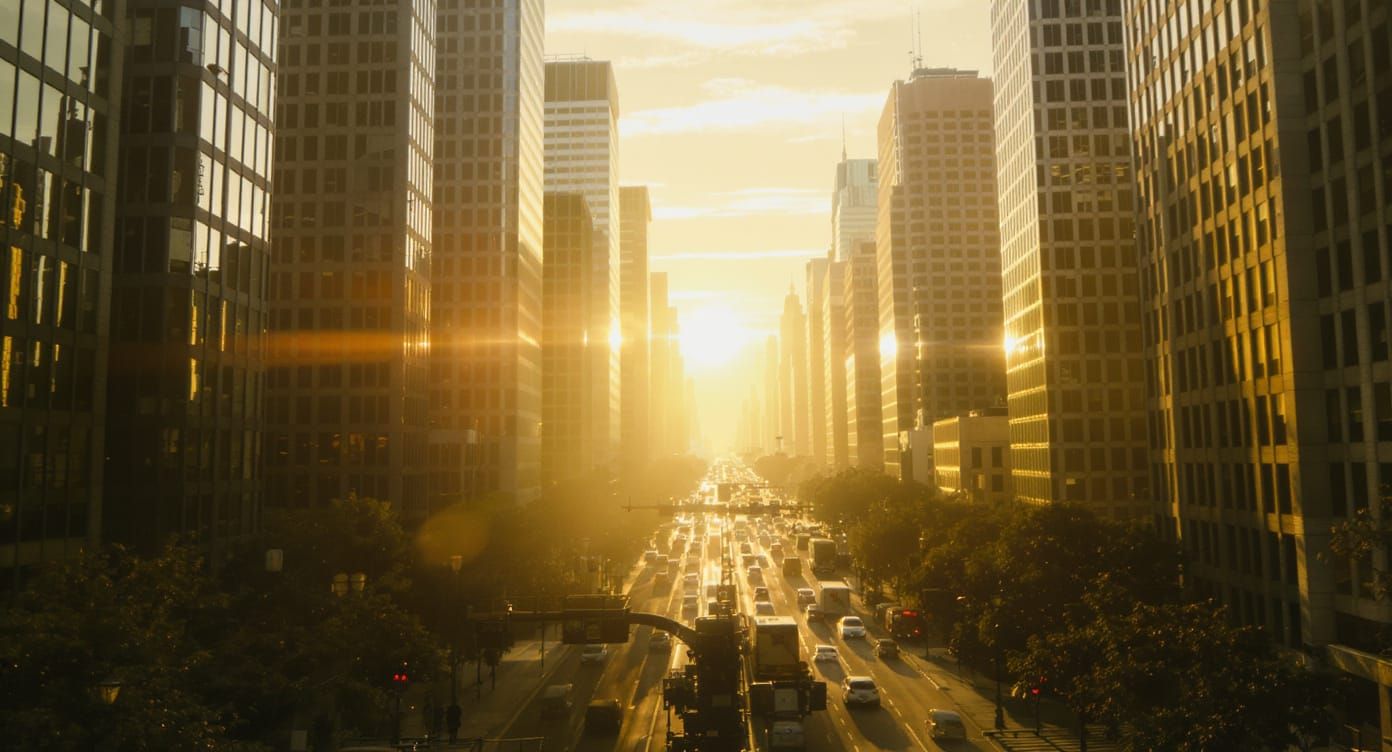 Metropolis Sunset: Cinematic Film Still