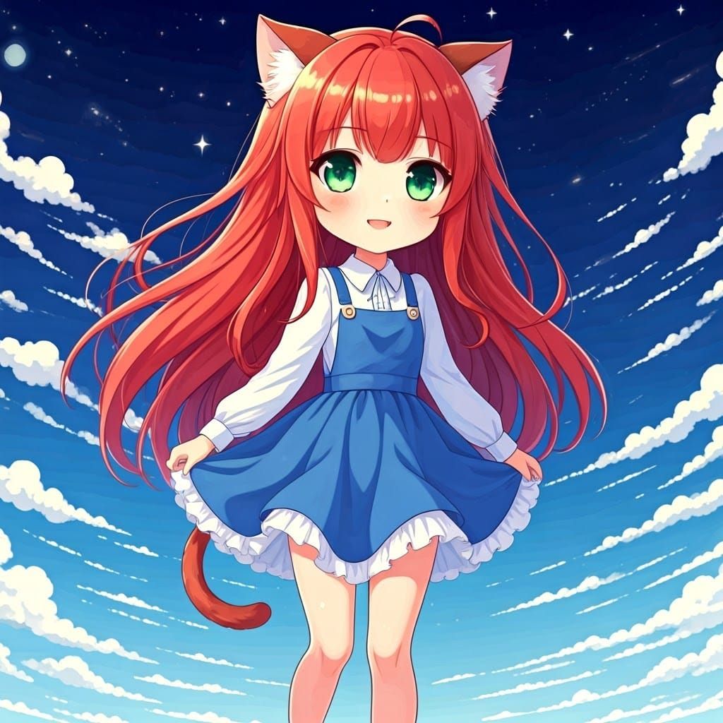 Vibrant Red-Haired Chibi Catgirl Under Starry Anime Night Sk...