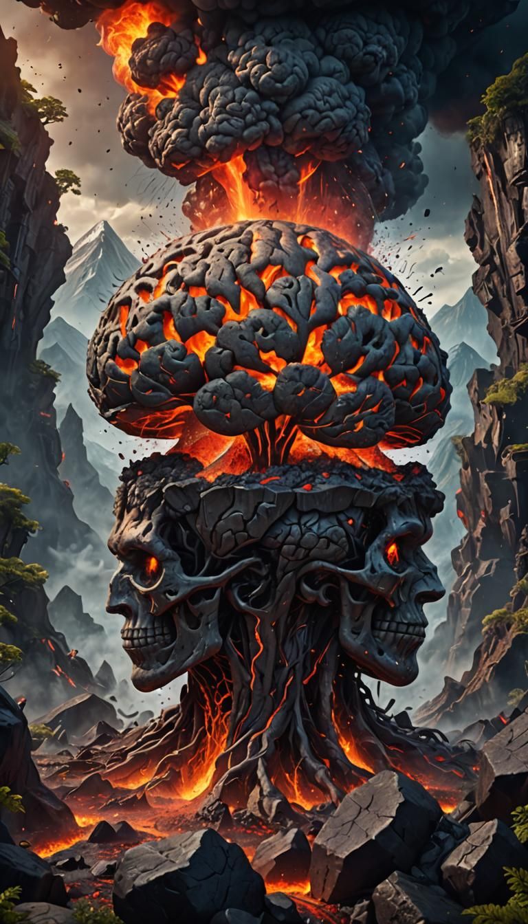 Volcanic Eruption Inside Human Brain: Detailed Concept Art