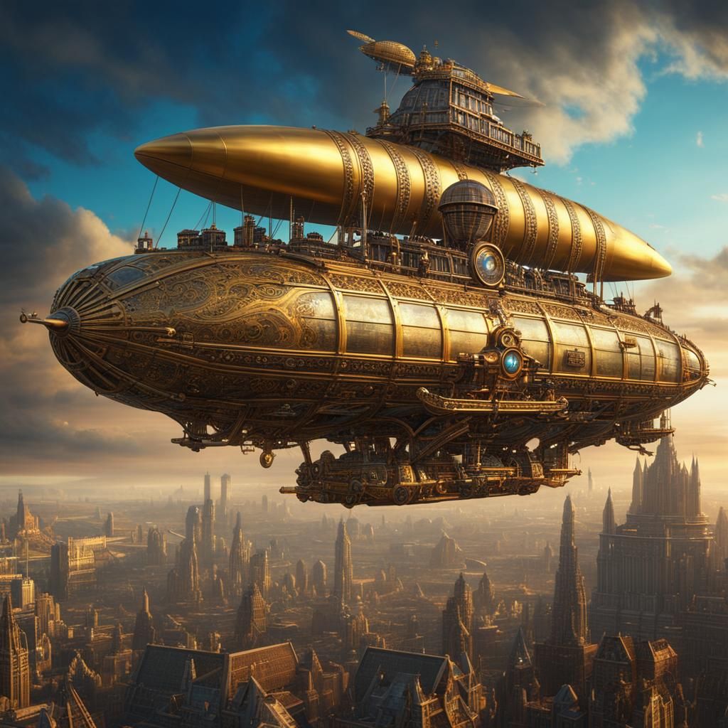 Steampunk Zeppelin Over Cyberpunk Gothic City