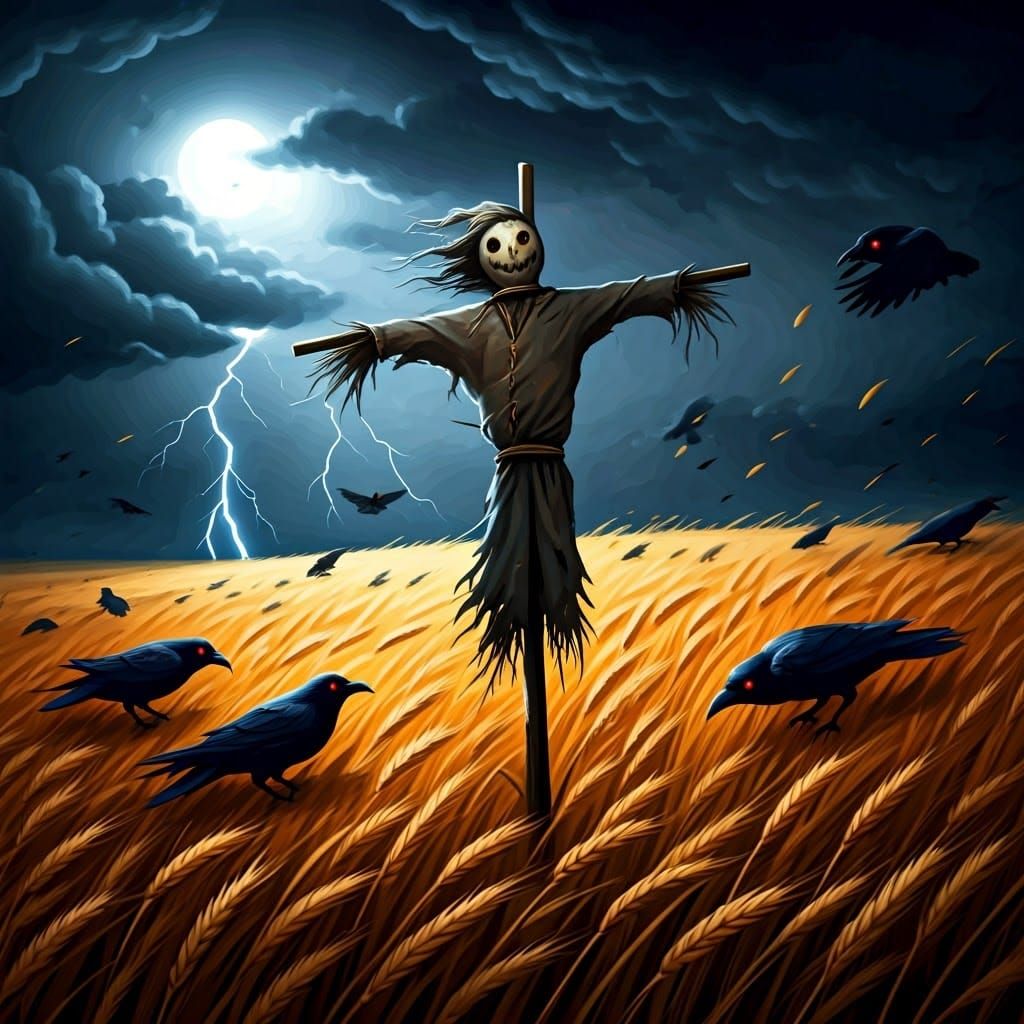 Scarecrow in Wheat Field at Night