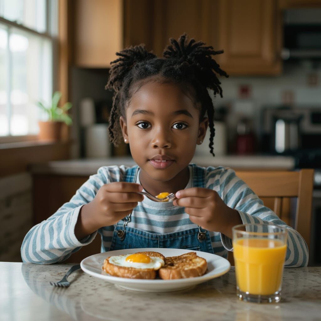 Young Girl Enjoys Protein Breakfast: Cinematic Still
