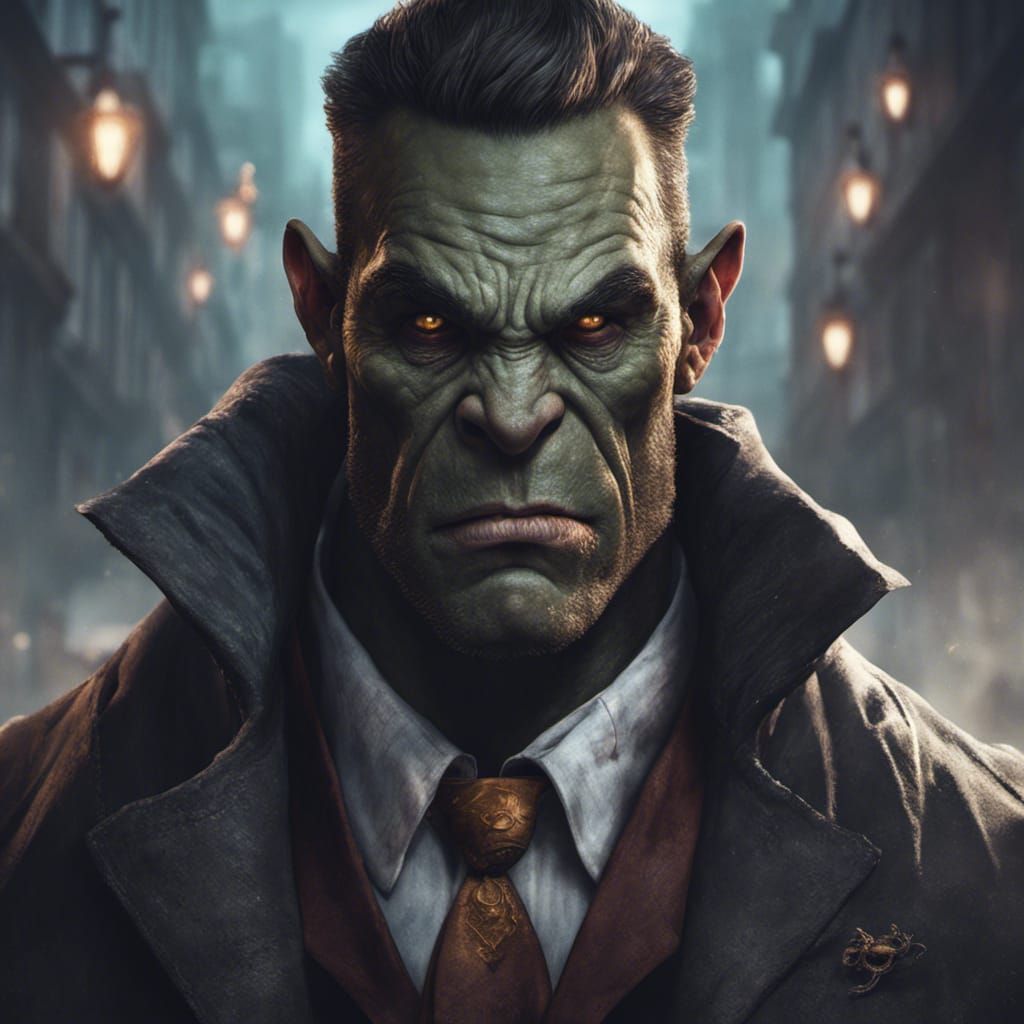 Magic Orc Noir Detective Portrait in Detailed Matte Painting