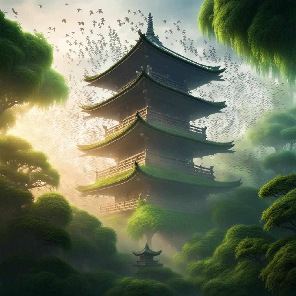 Sunrise at Shinto Shrine with Swarm of Birds