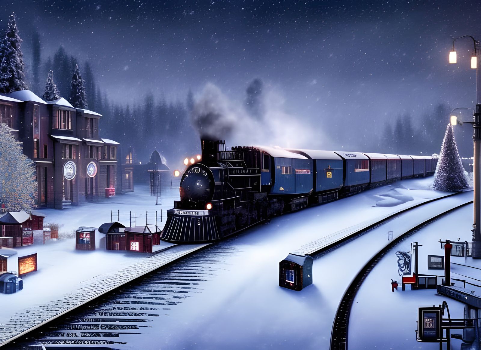 The Polar Express at Night: Hyperrealistic Art Nouveau
