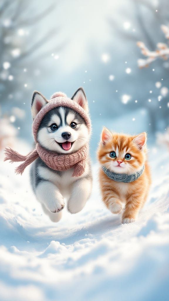 Adorable Husky Puppy and Kitten in Snowy Wonderland