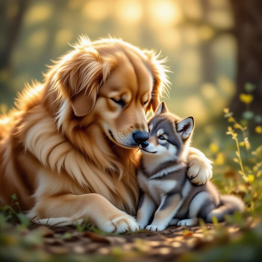 Golden Retriever Hugs Wolf Pup in Forest