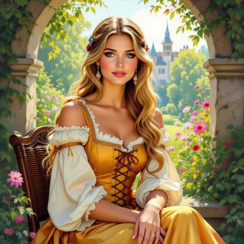 Blonde Woman in Medieval Dress in Art Nouveau Style