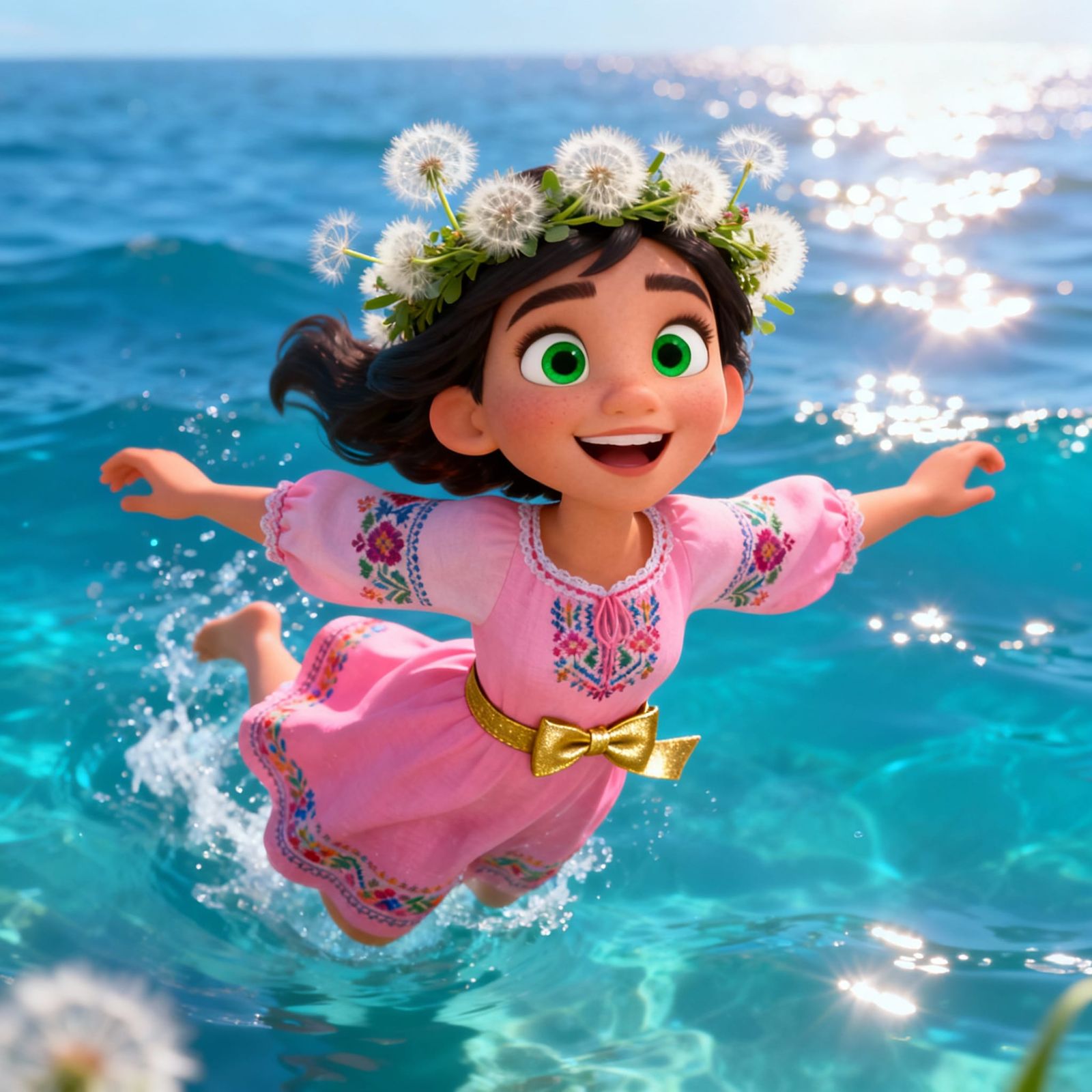 Disney Style Princess in Pink Dress with Dandelion Wreath