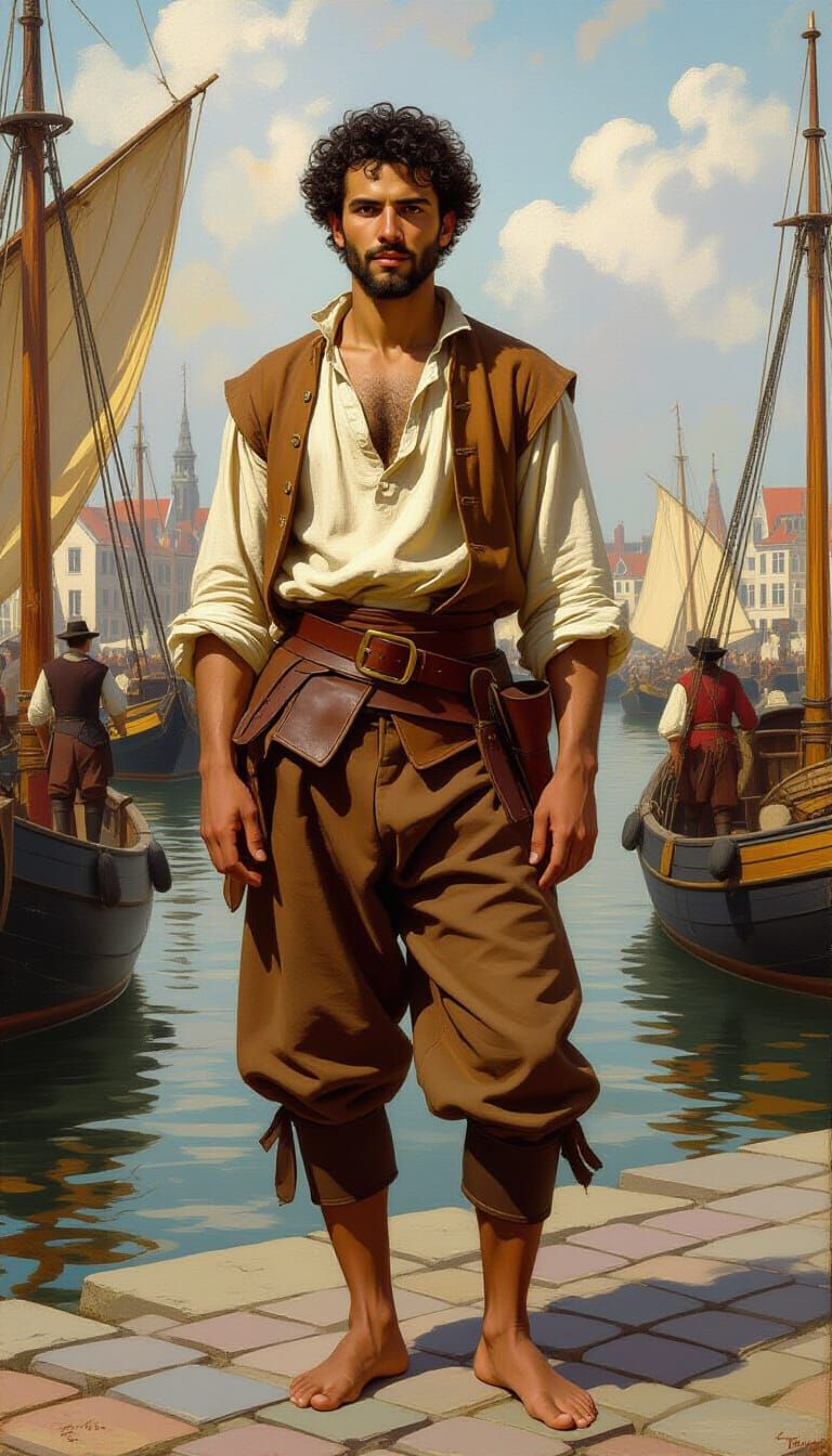 17th Century Man in Amsterdam Harbour, Romantic Style