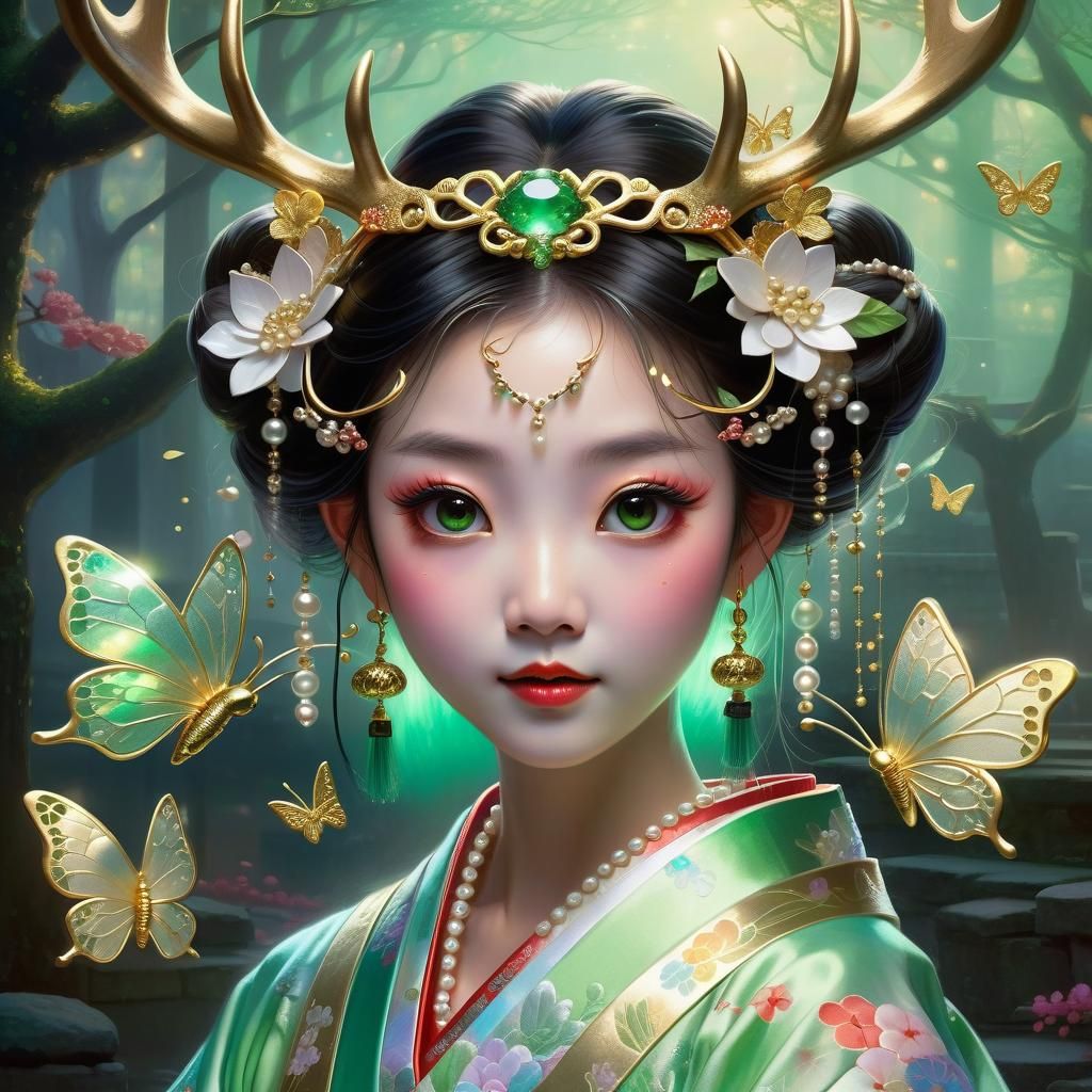 Geisha Fairy Portrait with Antlers in Ethereal Style