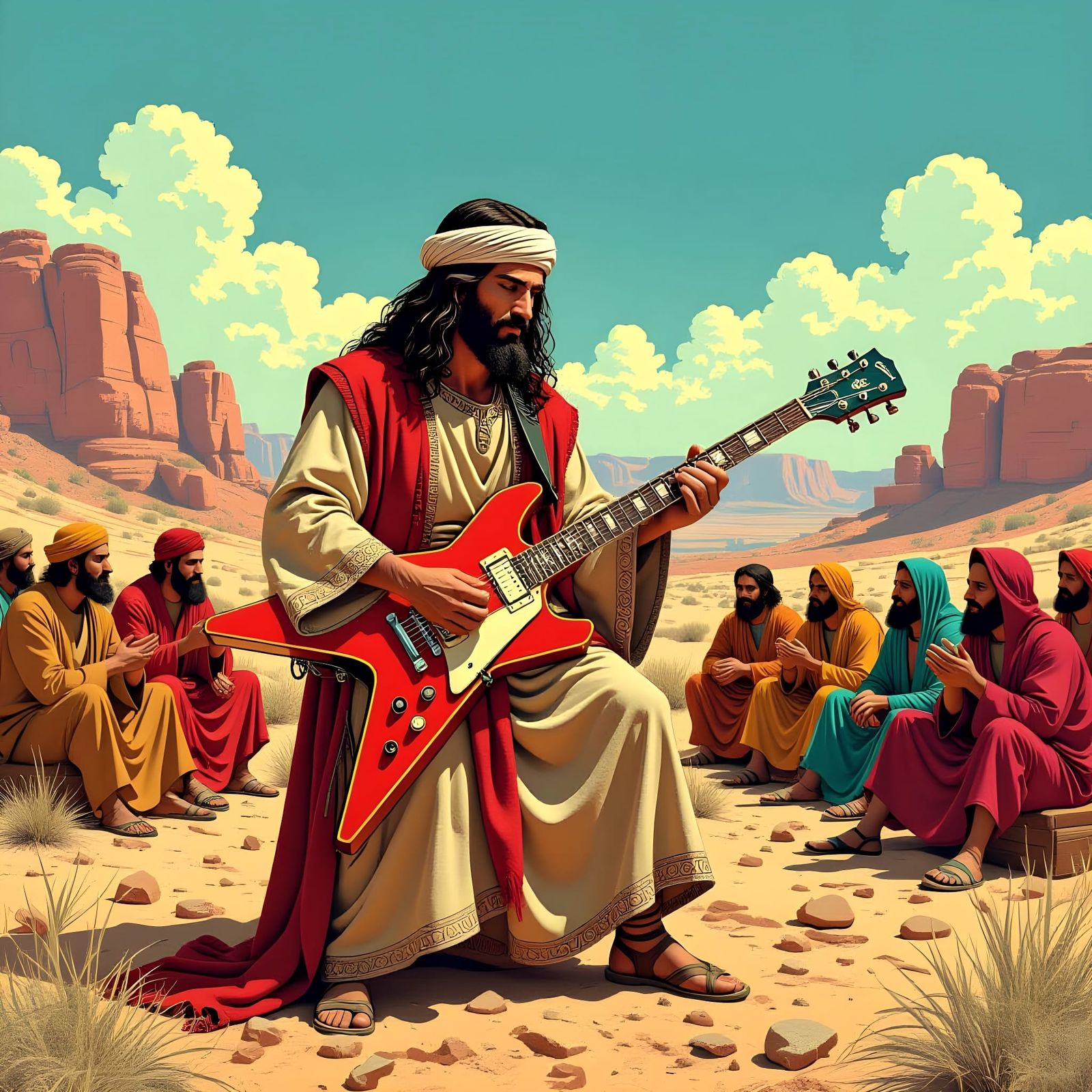 Jesus Shreds Guitar in Desert, Underground Comic Style