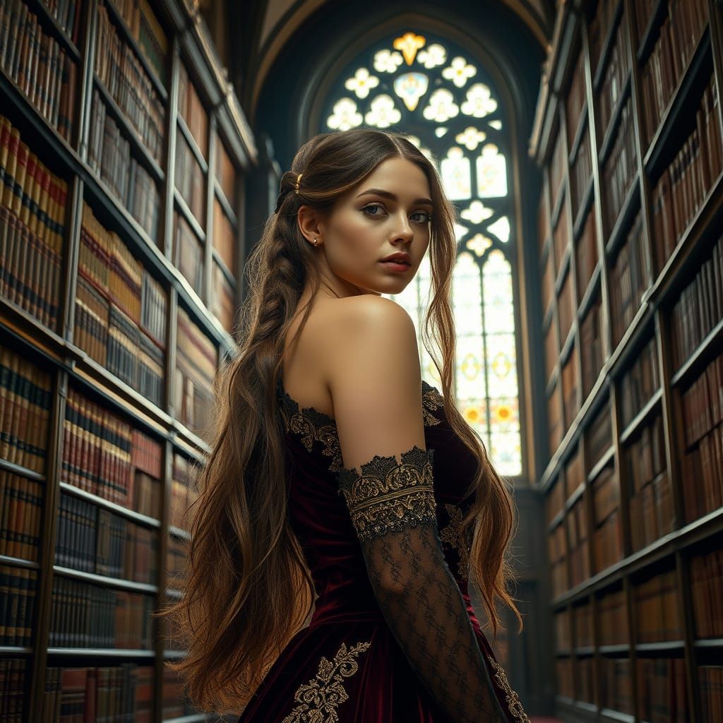 Victorian Woman in Library, Pre-Raphaelite Style