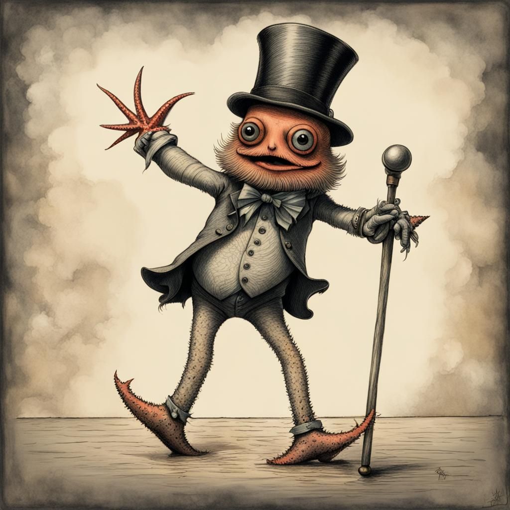 starfish tap dancing with a cane and a top hat