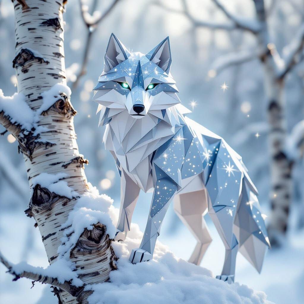 Starlight Origami Dire Wolf on Birch Tree