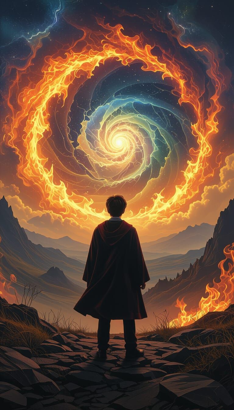 Harry Potter in Fiery Valley, Hyperrealistic Digital Art