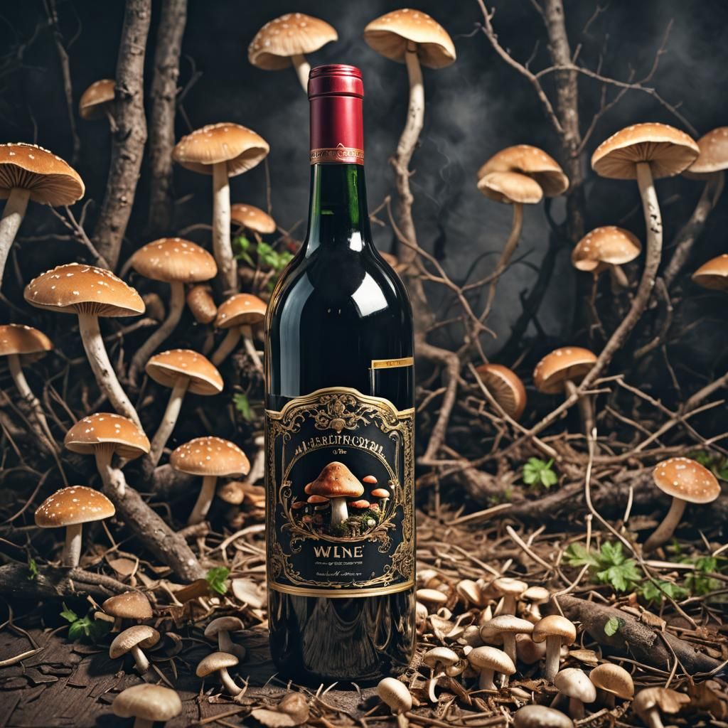 Hyperrealistic Mushroom Wine Bottle Still Life