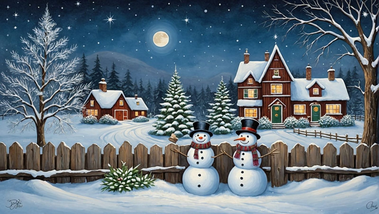 Dreamy Snowmen in Starry Winter Garden