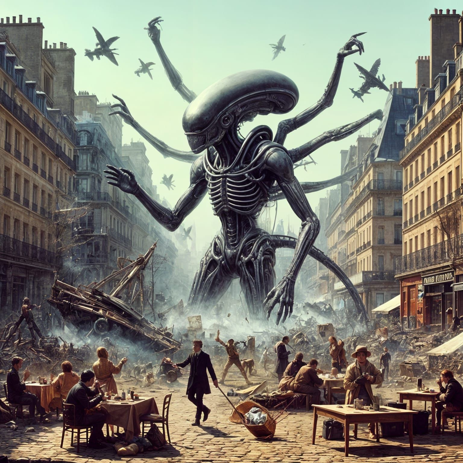 Surreal Paris Under Alien Invasion in Dark Fine Art Style