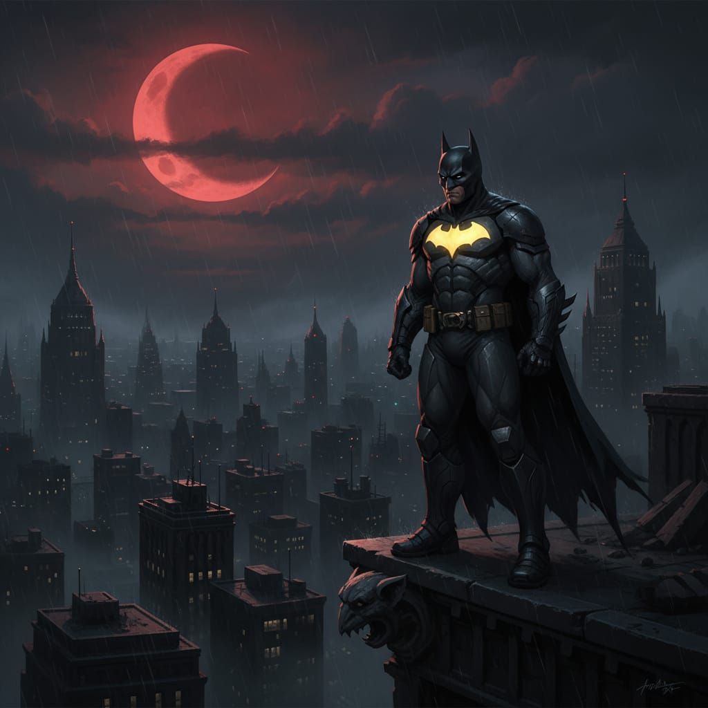 Batman on Skyscraper Rooftop Under Red Moon