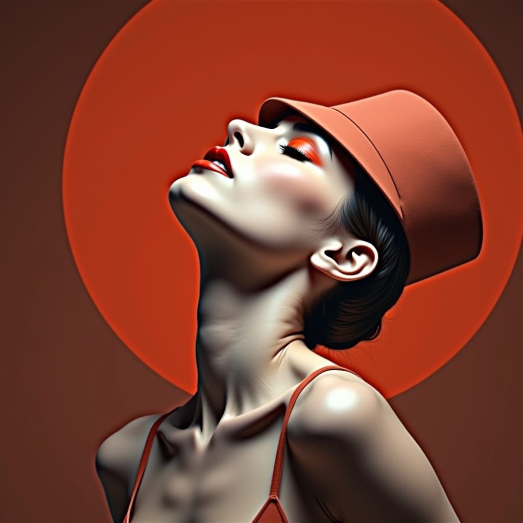 Black and White Portrait: Woman in Artistic Hat with Crimson...