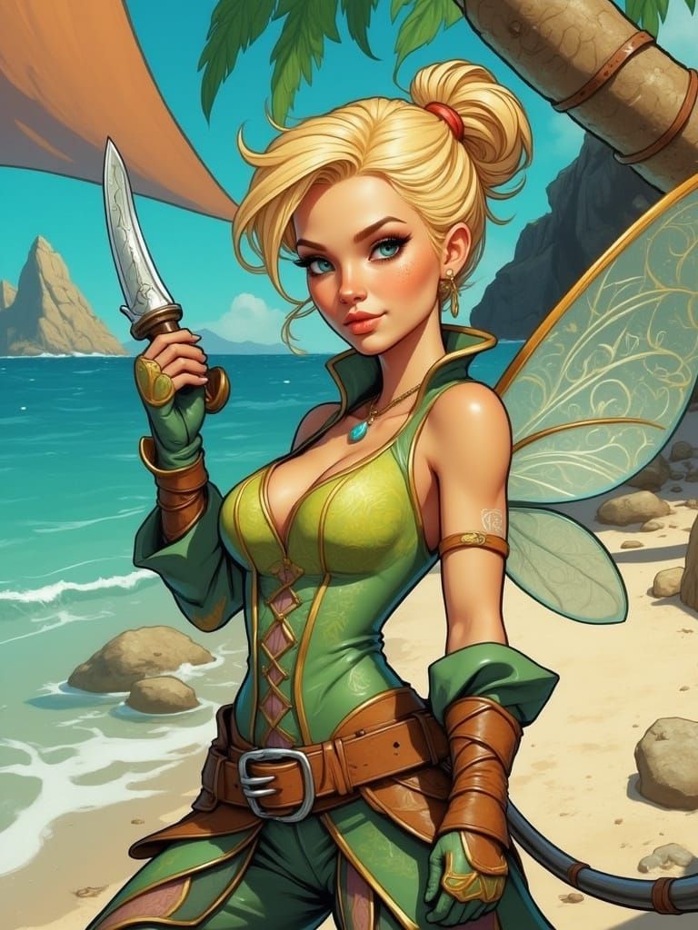 Tinkerbell on Pirate Beach in Sci-Fi Comic Style