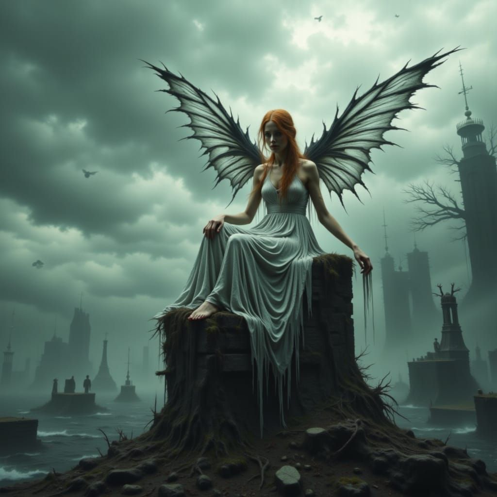 Depressed Fairy in Dystopian World with Singed Wings