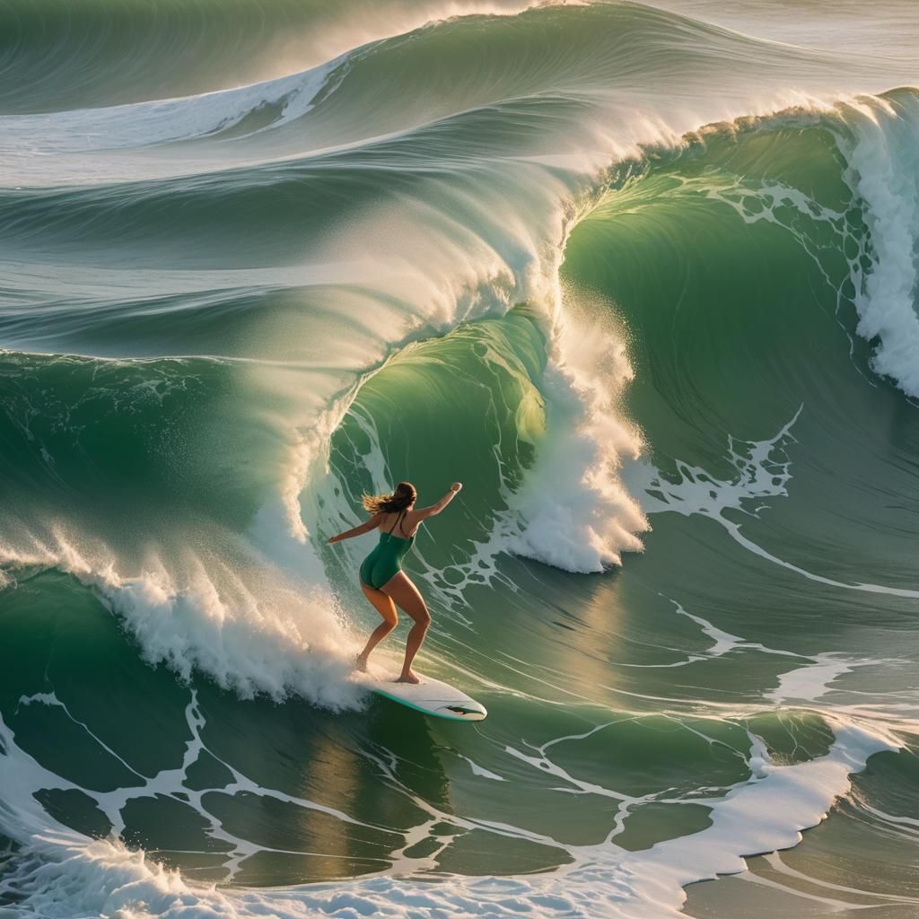 Woman Surfing a Glowing Wave at Sunrise