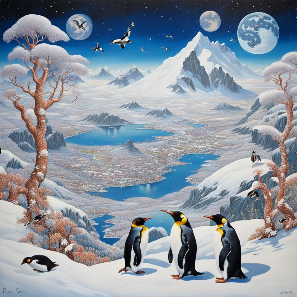 Surreal Mountain Landscape with Penguins