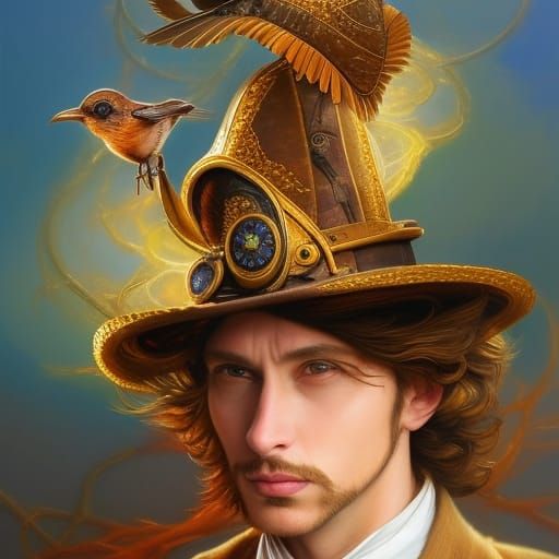 Steampunk Hat with Bird in Surreal Digital Art