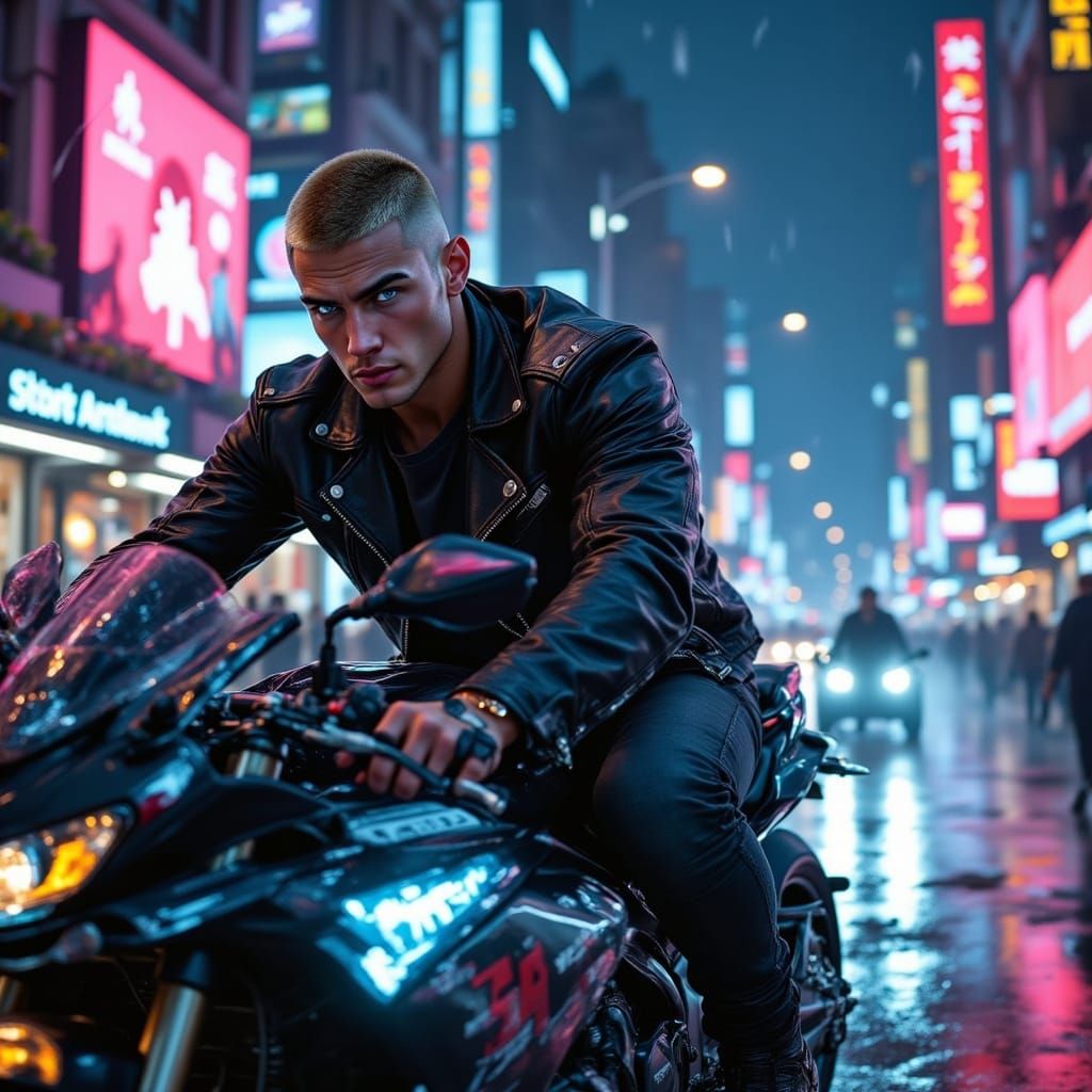 Futuristic Motorcycle Ride in a Neon Cityscape