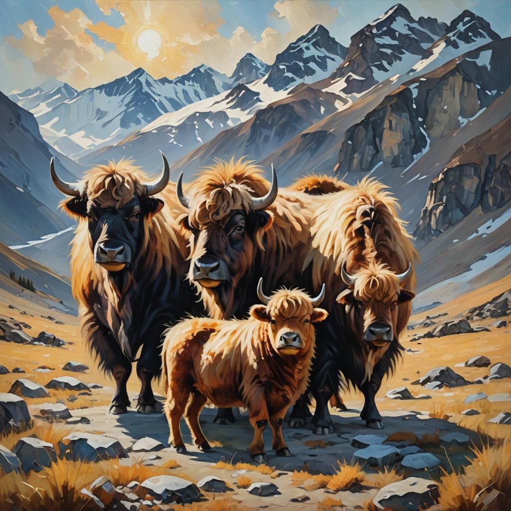 Expressionist Oil Painting: Fluffy Yak Family in Sunlight