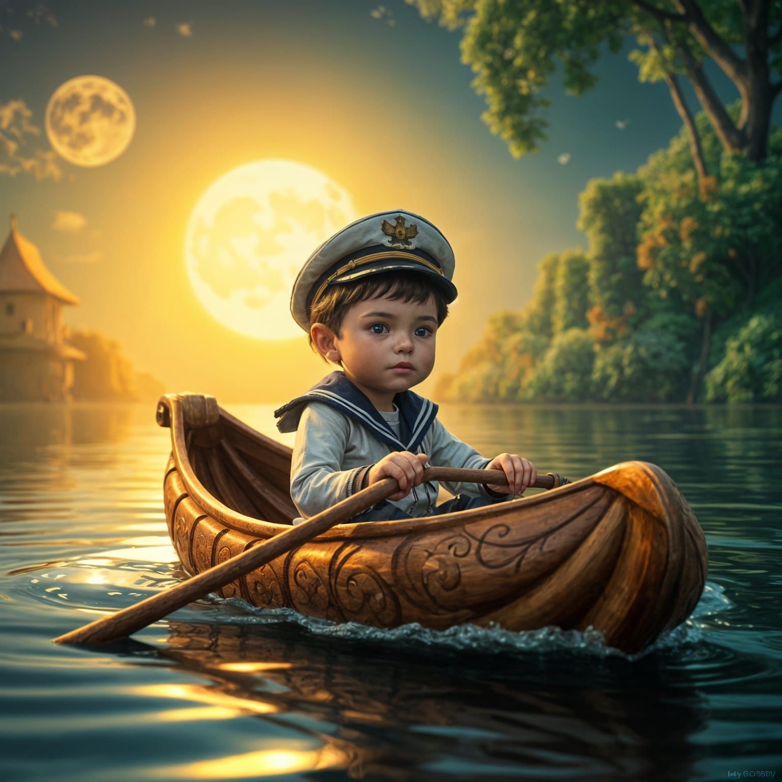 Hyperrealistic Captain Sails Across Night Lake in Walnut Row...